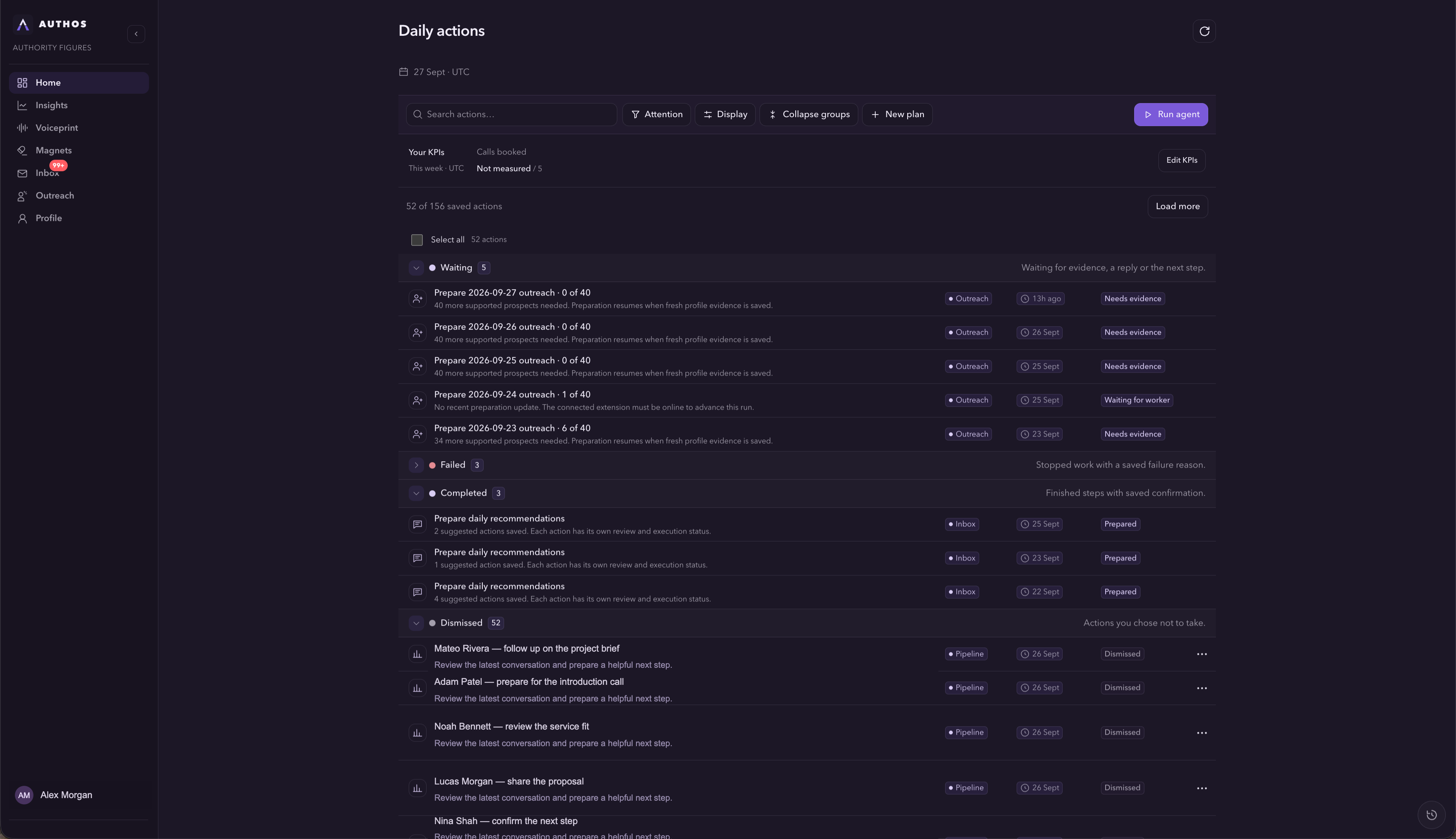 Authos Home dashboard. Names and personal details are fictional.